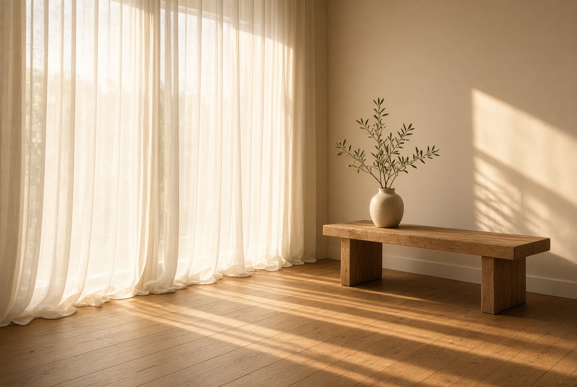 Quiet room with sheer curtains and warm light
