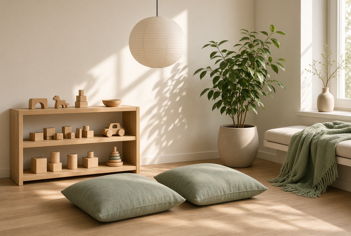 Sunlit play corner with wooden toys and sage cushions
