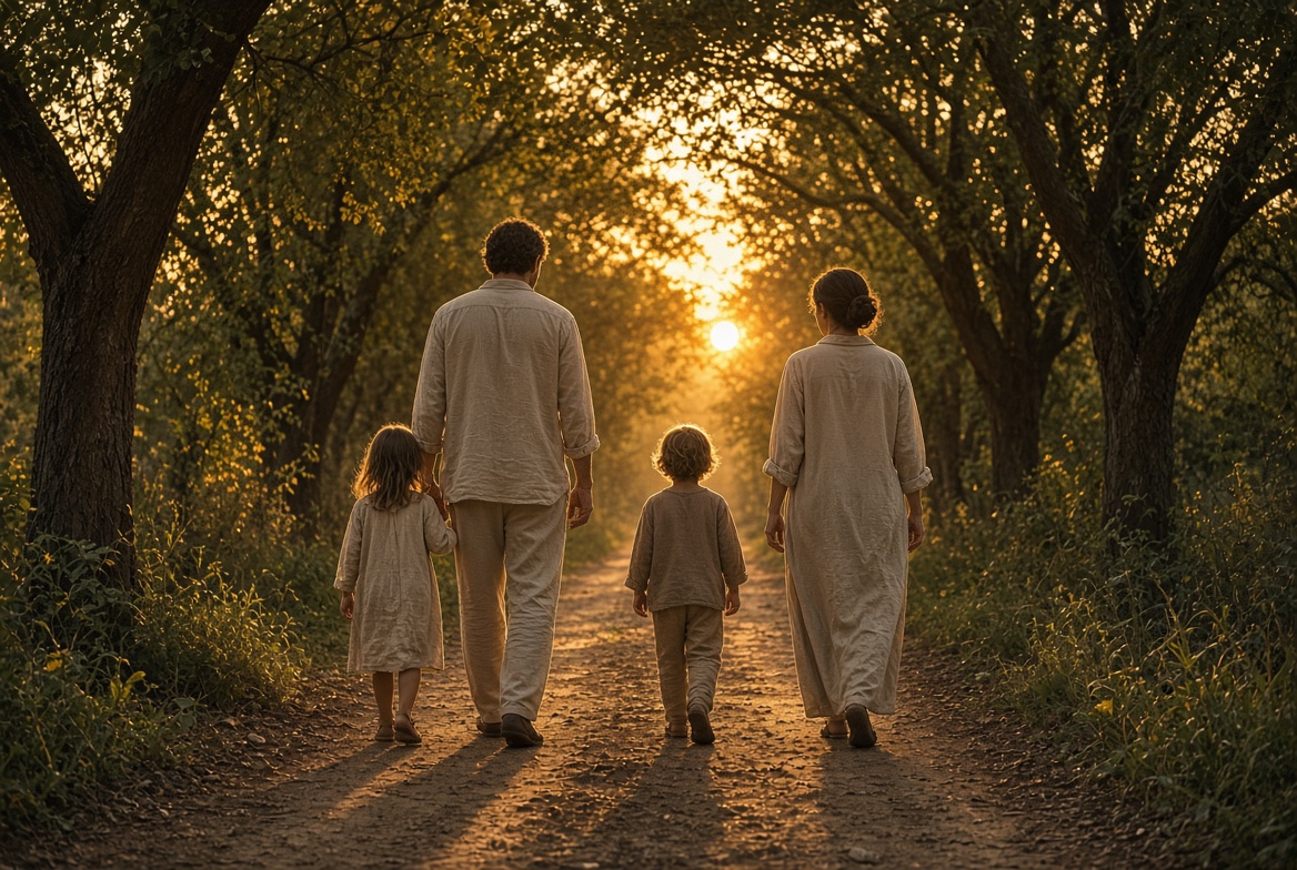 A family walking a tree-lined path at sunset, seen from behind