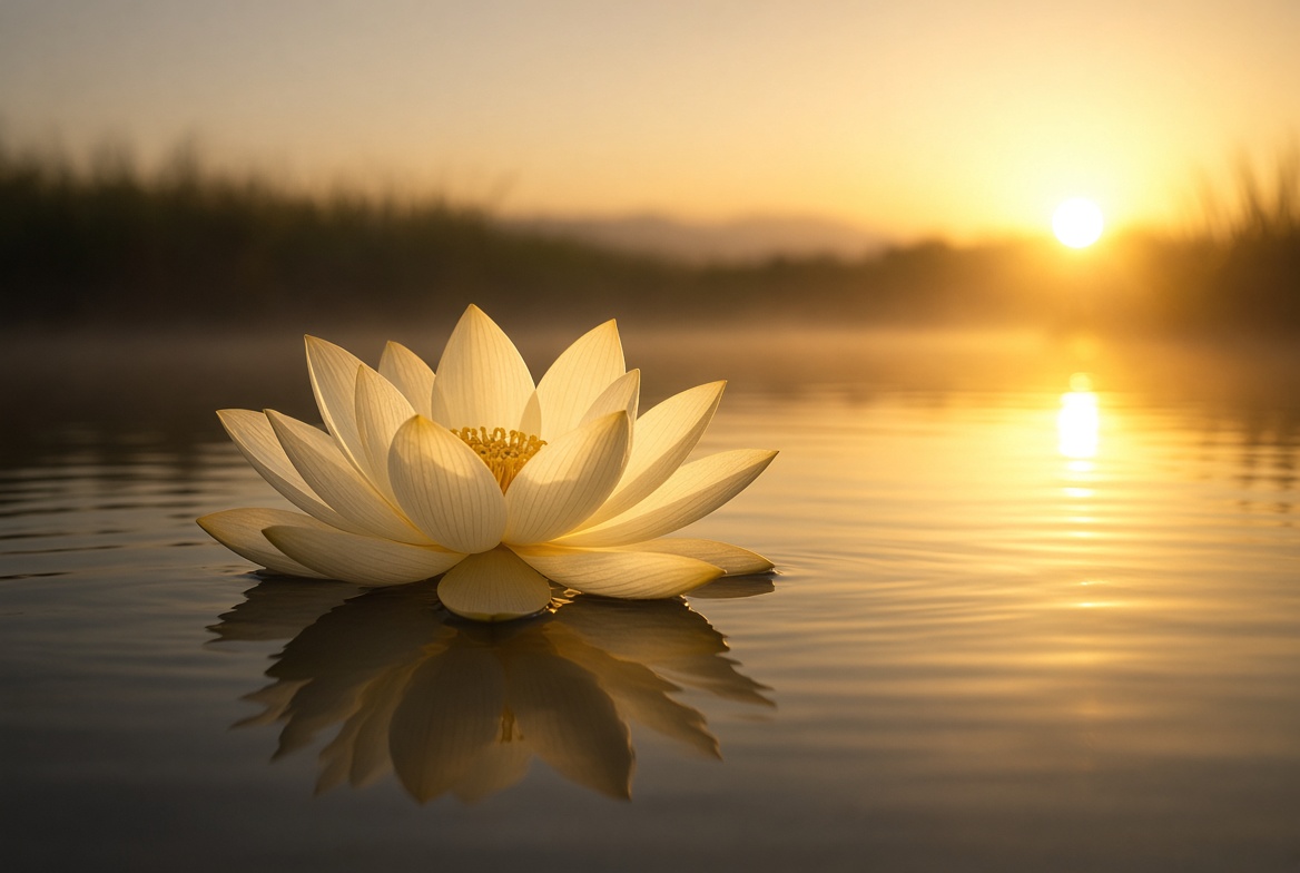 A lotus floating on still water at sunrise