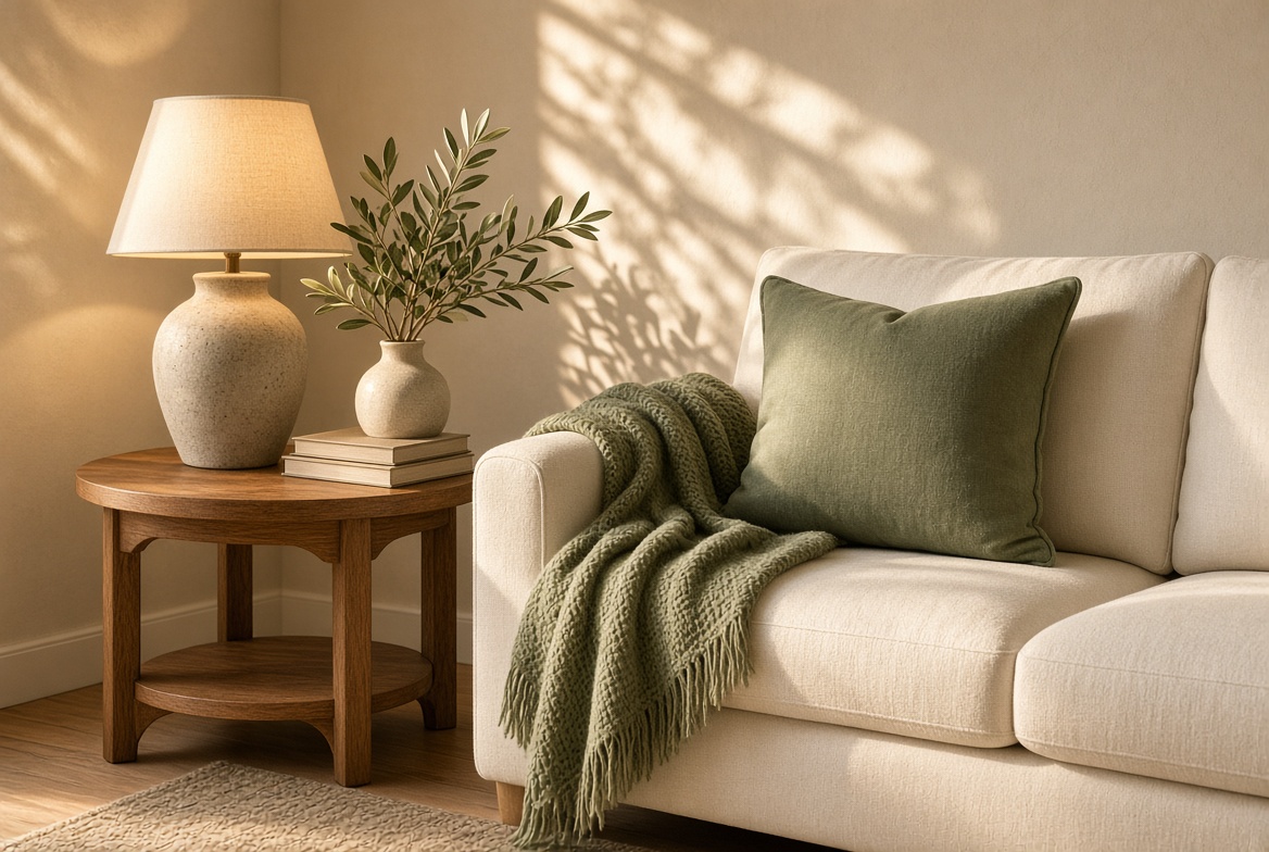 Calm sofa with a sage pillow and warm lamp