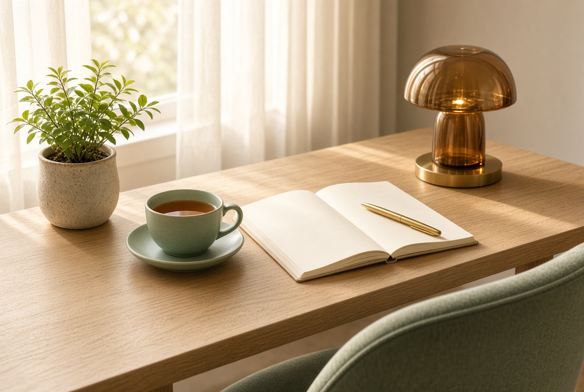 Sunlit desk with a notebook, tea, and a gold pen
